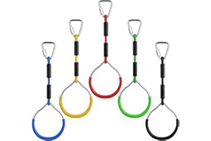 PELLOR 5 PCS Kids Gymnastic Rings, Multifunctional Gym Rings, Backyard Playground Play Sets for Obstacle Ring, Trapeze Bar, Climbing Frame, and Training