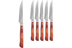 CUPERINOX® Cuchillos de Mesa con Mango de Madera – Set 6 Cuchillos para Carne con Filo Dentado – Estilo Palmadera tradicional – Aptos para Uso Diario