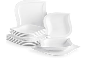 MALACASA Plates and Bowls Set, 12-Piece Modern White Porcelain Dinner Sets Tableware with 6-Piece Dinner Plates and 6-Piece Soup Plates, Service for 6, Series Elvira