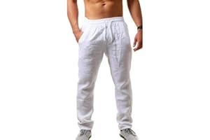 riou Algodón Pantalones Largos Casual Transpirable Ropa para Hombre， Pantalon Lino Corto de Suaves y Cómodos, Pantalones Transpirables de Verano de Color Sólido,para Playa/Hogar/Uso Diario