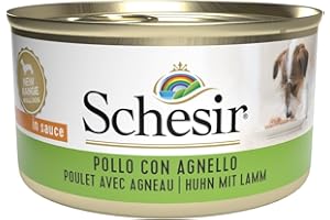 Schesir, Mokra karma dla dorosłych psów z kurczakiem i jagnięciną, miękka żelatyna (24 puszki po 85 g)