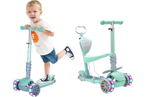 NUKDEY Patinete para Niños 5-en-1 con Asiento Extraíble, 3 PU Ruedas Parpadeantes, Manillar de Altura Ajustable, Respaldo cómodo, Fácil de Dirigir, Patinete Infantil para Niños y Niñas de 1 a 6 Años