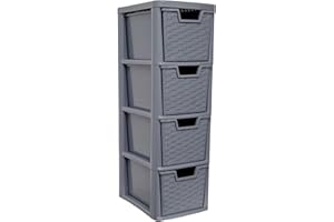ALEEZ - 4 Drawer Storage Unit - Rattan Effect Plastic Tower Unit - Home Office Desktop Organizer - Cosmetic, stationery, Craft Table Top Drawer - Multipurpose Storage Solution (Grey, 4 Drawer)