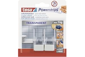 tesa Powerstrips Haken, transparent/weiß, für max. 1kg, Packung mit 2 Haken