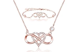 BlingGem Schmuck-Set für Damen 925 Sterling Silber Vergoldetem Unendlichkeits Herz Rose Anhänger Halsketten Armband Set Geburtstag Jahrestag Geschenk für Damen Frauen