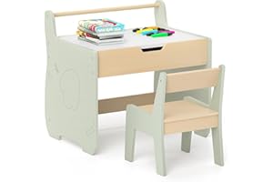 COSTWAY Kids Table and Chair Set, Wooden Children Table with Reversible Blackboard Tabletop, Paper Roll Holder, Toddler Activity Furniture for Learning, Drawing, Playing (Green)