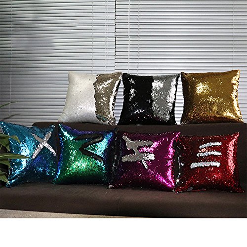Alxcio 1 Pcs Doppel Farbe Glitter Pailletten Kissenbezug Sofa Werfen Kissen Startseite Schlafzimmer Dekokissen Fall 40 x 40 cm (Schwarz und Silber) - 7