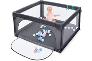 COSTWAY 120 x 120 cm Baby Playpen with 50 Play Balls, Playpen with Breathable Mesh and Zip, Crawling Gate with Door, Playpen Tent for Infants and Toddlers (Dark Grey)