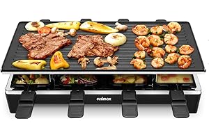 ‎CUSIMAX Cusimax Raclette Grill mit Reversible Grillpfanne, Steuerung Partygrill für 8 Personen,Stufenlos Regulierbare Temperatur, 8 Mini Pfännchen, Antihaftbeschichtung, CMRC-300, 1500W, Schwar