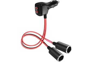 ‎SINLOON SinLoon Adapter rozdzielacza zapalniczki samochodowej 12 V z 2 niezależnymi przełącznikami, zapalniczka 16AWG, 1 gniazdo męskie na 2 żeńskie, rozdzielacz Y, kabel zasilający z bezpiecznikiem 15 A, 0,3