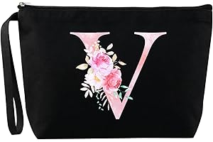 Blisswave A-Z Beauty Case da Viaggio Donna Personalizzata, Ampia capacità, Stampa floreale rosa dolce ed elegante, Pochette Mare con Iniziali, Portatrucchi da Viaggio, Regalo Donna Personalizzat, Nero