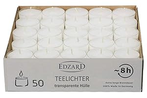 EDZARD 50 Bougies Chauffe-Plat, Blanc, Paraffine, sans Parfum, Coque en Plastique Transparent, durée de Combustion env. 8 Heures