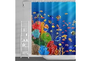 SDOTPMT 175x190cm Océano Tropical Peces Cortina de Ducha Vistoso Caricatura Pez Coral Arrecife Marina Animal Cortina de baño Submarino Marina Cortina bañera para niños Baño Poliéster con Ganchos