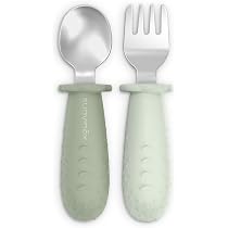 Suavinex, Posate per l'apprendimento bambini, cucchiaio e forchetta in acciaio inossidabile, Manico in silicone antiscivolo, ergonomiche, BLW,i +6 mesi, lavabili in lavastoviglie, Verde