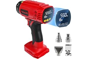 CHENGSUWEI Schnurlose Display-Heißluftpistole für Milwaukee 18V Li-Ion Akku, 400W 1022℉ (550℃) Heißluftpistole mit Überlastungsschutz, 4 Düsenaufsätze zum Einschweißen, Basteln, Rohrbiegen (OHNE BATTERIE)