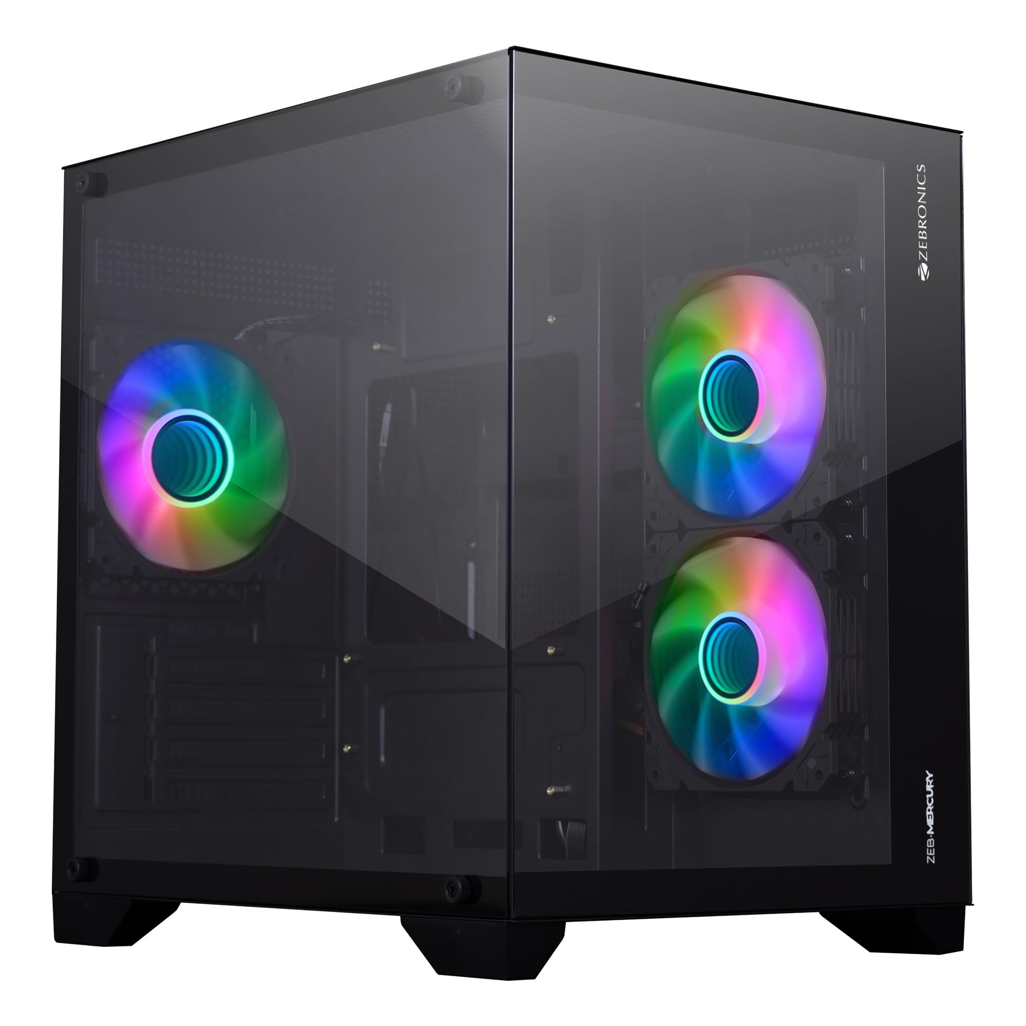 ZEBRONICS MERCURY Premium Gaming Chassis with support for mATX | Mini ITX | 240mm AIO, Dual Chamber Design, Infinity Ring ARGB Fan, Wraparound Tempered Glass (Black)