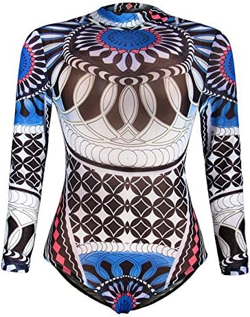 Alleppa Womens Geometric Printing High Neck Long Sleeve 1PCS Swimsuit - White - Large(8-10)
