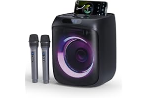 GREEN KEEPER Przenośne karaoke z dwoma mikrofonami bezprzewodowymi, oświetleniem RGB i głośnikiem Bluetooth o mocy szczytowej 400 W. Obsługuje TWS, AUX, FM, REC. Idealne karaoke Bluetooth dla dzieci i dorosłych