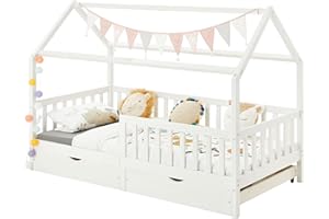 IDIMEX Letto capanna NUNA Letto Bambino Singolo Montessori in Legno 90 x 200 cm con Armadietto 2 Cassetti in Pino Massiccio laccato Bianco
