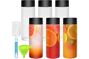 LONTOM 6 PCS 300 ml/10Oz Reusable Plastic Juice Bottles, Smoothie Bottles with Lids,Empty with Funnel & Brush,Clear PET Plastic Sensory Bottles for Juice Milk Homemade Beverages