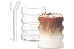 GEBRAZY Lot de 2 verres à café cannelés de 300 ml avec pailles en verre nervurées pour la restauration, l'eau, le jus, la bière, verres universels