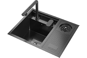 TULAZOU Évier de cuisine noir mat, 55 x 45 cm, invisible, encastrable, en acier inoxydable, avec robinet de levage extensible et fonction de lavage des tasses