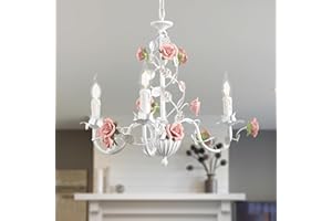 meibeileil Blumen Kronleuchter Vintage,Weiße Metall HäNgelampe Wohnzimmer Mit Rosa Keramikrose,Französischer E14 Kerzen Pendelleuchte FüR Schlafzimmer,Wohnzimmer,MäDchenzimmer,KüChe,3 Köpfe