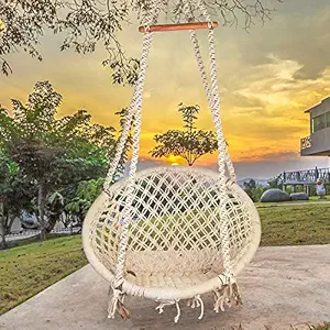 Halder Jute Regular Indoor Outdoor Round Hanging Swing Chair (Cotton, White, 150 * 65 * 72 cm)