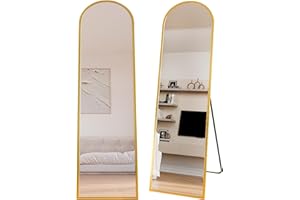 Marctani Espejo de Pie Cuerpo Entero - Espejo Grande y Largo con 3 Formas de Uso, Independiente, Montaje Pared y Apoyado - Marco de Aluminio para Dormitorio, Baño o Salon (Dorado 150x40cm)