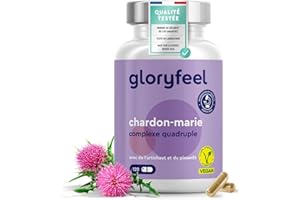 GLORYFEEL Complexe Chardon Marie, Pissenlit, Artichaut et Desmodium, 120 Gélules, Fortement Dosé en Silymarine, 500 mg par Dose Journalière, Testé en Laboratoire, Sans Additifs, 100% Végane