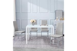 TRESBIEN Dining Table and Chairs Set 4, Modern Marble Effect Glass Dining Table and 4 Faux Leather Chairs