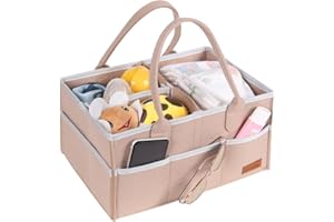 LITLANDSTAR Baby Diaper Caddy Organizer, Portable Nursery Storage Bin Felt Basket with Multi Pockets and Changeable Compartments, Baby Wipes Bag Nappy Storage Bags for Child (Khaki)