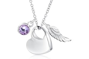 KnSam Edelstahl Urne Anhänger Halskette mit Geburtsstein Kristallanhänger Engel Flügel Asche Anhänger Herz Memorial Kette Silber