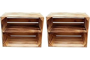 ‎TERAMICO Teramico Massive Holzkisten als Schuhregal Bücherregal LEICHT GEFLAMMT mit Zwischenbrett (verschraubt) Obstkiste Weinkiste Kisten-Regal Deko (2er Set Längs)