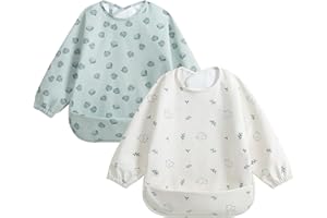 Little Dimsum Babero Impermeable de Manga Larga, 2PCS Baberos para bebés, Baberos para bebés Impermeables, Delantales Pintados para nifos para ninos de 6 a 3 anos(Elefantes& Castañas)