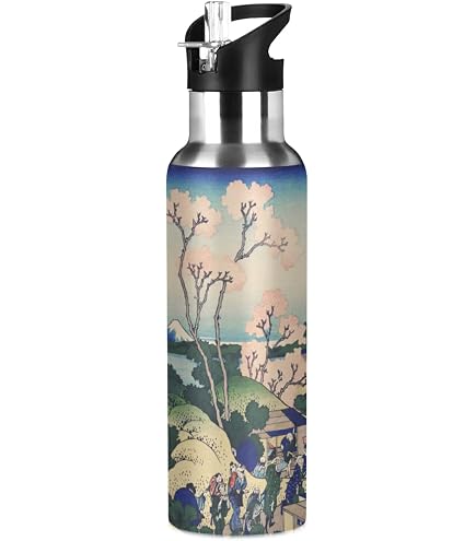 Vnurnrn Art Mignon Cadeau Cheval Animal Bouteille d'eau Isotherme avec Paille en Acier Inoxydable Gourde 600ML, Sans Bpa Gourdes Eau pour Enfant Sport Randonnée École Bureau