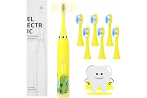 Vicloon Cepillo de Dientes Eléctrico Recargable para Niños 3-8, 4 Modelo de Limpieza Cepillo Electrico Infantil Cepillo de Dientes Sónico para Bebés con 6 Cabezales de Alto, Impermeable IPX6, Amarillo