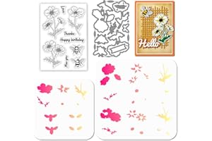 GLOBLELAND Tampons Transparents Cosmos et Bee Matrices de Découpe de Fleurs en Métal Superposition de Motifs Floraux et D'Insectes Pochoirs pour Peinture PET pour la Fabrication de Cartes