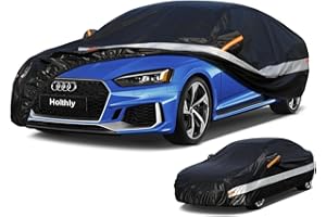 Holthly 10 Schichten Autoabdeckung 100% Wasserdicht Vollgarage Abdeckplane Auto Garage Staubdicht Wasserdicht Autohülle Autoplane Winter & Sommer für Audi A4 A5, BMW 3er Limousine usw. Schwarz C7