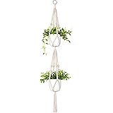 Mkouo Makramee Pflanzenaufhänger 2 Tier Drinnen draußen Hängender Pflanzerkorb Baumwollseil mit Perlen, 125cm