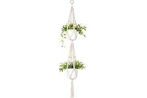 Mkouo Macramé Plant Hanger 2 Tier Intérieur extérieur Panier à Planter Suspendu Corde de Coton with Beads 49 inches