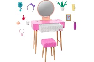 Barbie Mobilier - HJV35 - Ensemble mobilier décoration de Maison de poupée Barbie - thème de vanité, Miroir, Tabouret et Produits de beauté