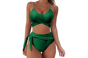 Yutdeng Damski dwuczęściowy strój kąpielowy plus size dekolt w serek stroje kąpielowe Crossover z przodu z wiązaniem z tyłu wiązane z wysokim stanem bikini