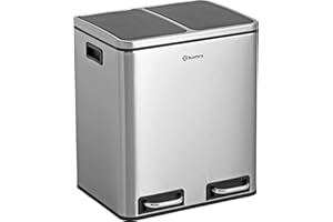 Homra Dual Kitchen Bin 30l – Double Rubbish Bins 2x15l – 2 Compartment Pedal System – Twin Section Waste&Recycling Separation – Soft Close Design – Inner Buckets with Handles – Stainless Steel