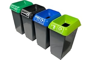 Chabrias Ltd Recycling Station 4 Set 50 Litre For Simpler Recycling – UK Made 100% Recycled Plastic Colour Coded 4 Waste Streams for Non-recyclable, Food Waste, Paper, Plastic, Metal & Glass