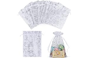 CLTPY 100 Stück Silber Organzasäckchen 10x15 cm Druck Schmuckbeutel Organzabeutel Geschenkbeutel Hochzeit Säckchen mit Kordelzug für Festival Geburtstag Party