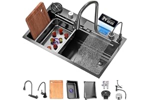 OMGMTSTORE Lavello Da Cucina A Cascata 304 In Acciaio Inox Con Rubinetto Digitale Lavabo Bar Multifunzionale Con Cestello Di Scarico Bacino Di Scarico Tagliere Lavatazze E Componenti Di Drenaggio ( Color : Black