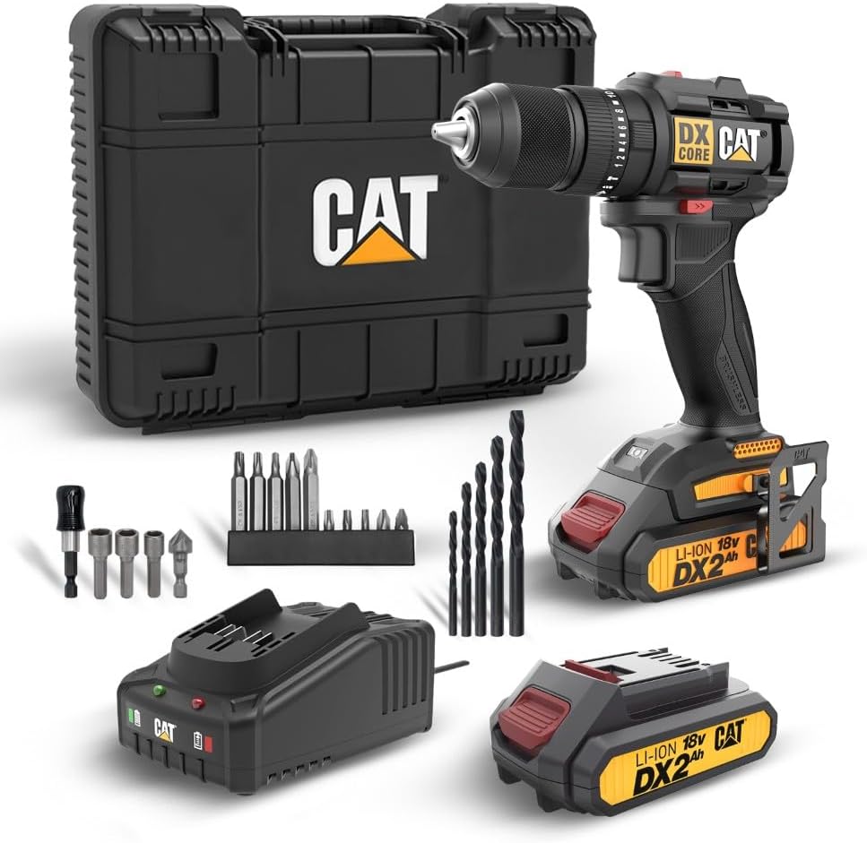CAT DX1010.1 18Volt 2.0Ah Li-ion Çift Akülü Kömürsüz Profesyonel Şarjlı Darbeli Matkap + 20 Parça Delme Vidalama Uç Seti