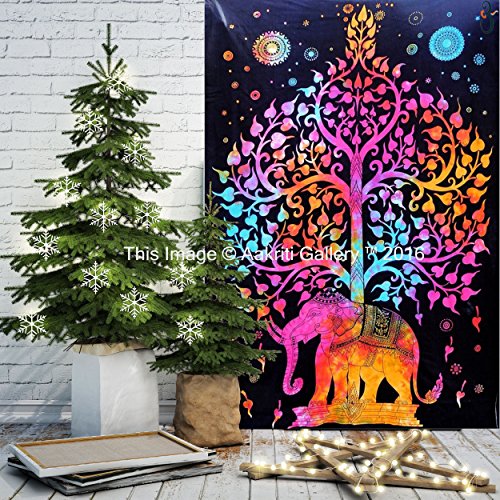 Tapestry Single Tree Multi Elephant Wall Hanging Art Decor Mandala Tapestry Hippie Dorm 84X55 inches Aakriti Gallery