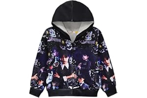 Suyaluoi Wednesday Addams Chaqueta infantil con cremallera sudaderas con capucha de manga larga para niñas Addams Fans Merch Moda Impresión 3D Sudaderas para Estudiantes